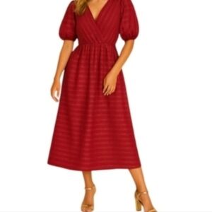 JCPenney Vintage Burgundy V Neck Balloon Sleeve Stripe Shimmer Midi Dress